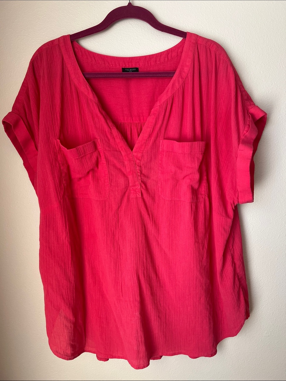 Talbots Bright Fuchsia Gauze V-Neck Pocket Top